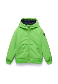 Giacca a vento verde brillante con cappuccio, chiusura frontale con zip, due tasche angolate, polsini a coste e una piccola toppa rotonda con logo sulla manica sinistra.