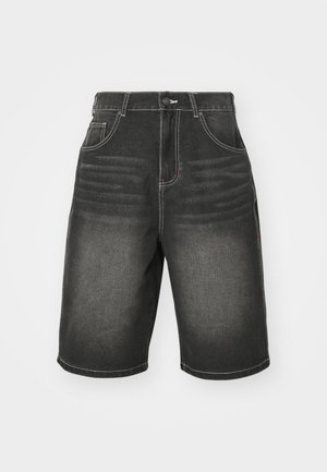 Black denim shorts with white stitching, featuring front pockets and a relaxed fit, designed with subtle fading near the waistband.