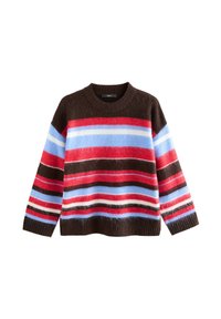 Brown sweater with horizontal stripes in red, blue, and white. Features long sleeves and a round neck. Soft, textured fabric.