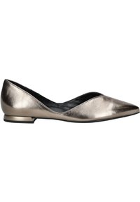 Metallic bronze flats with a pointed toe, low heel, and sleek, curved silhouette. Smooth texture, minimal accents, and a black interior.