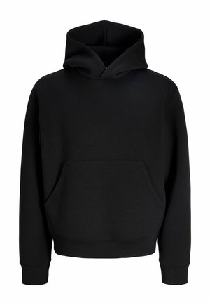 Sweat à capuche noir à enfiler avec poche kangourou sur le devant et poignets côtelés, présenté sur un fond blanc uni.