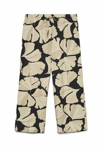 Black pants with a large beige ginkgo leaf pattern, featuring a drawstring waist and a relaxed fit. Textured fabric with subtle lines.