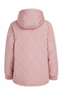 Veste matelassée rose avec capuche, manches longues et poignets côtelés, vue de dos.