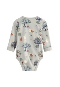 Lys grå langærmet bodystocking med et print af skovdyr, der inkluderer træer, bjørne og kaniner. Blødt stof med en glat overflade.