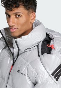 Strieborná nafukovacia bunda s vysokým golierom, s čiernymi akcentmi, dvoma zipsovými vreckami a červeným sťahovacím pruhom. Hladká, lesklá textúra.