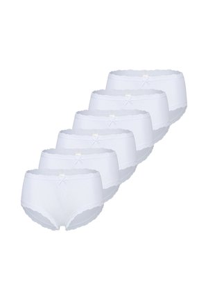 Six white women's cotton briefs with lace trim and small bows, arranged in a staggered overlapping layout.