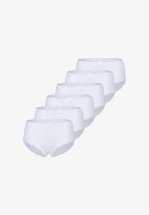 Sechs weiße Baumwollslips für Frauen mit Spitzenbesatz und kleinen Schleifen, in einem versetzten, überlappenden Layout angeordnet.