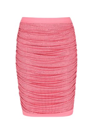 Rozā ruched svārki, izgatavoti no elastīga auduma, rotāti ar apaļiem rhinestone akmentiņiem, ar mīkstu, elastīgu jostasvietu ērtībai.