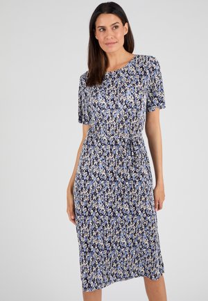Blumenmusterkleid mit kurzen Ärmeln, das ein blaues, weißes und beiges Muster aufweist. Hergestellt aus leichtem Stoff, tailliert für eine figurbetonte Passform.