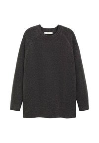 Pull gris foncé en tricot doux, avec un col rond et de longues manches raglan avec des poignets et un ourlet côtelés.
