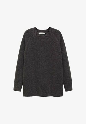 Suéter gris oscuro hecho de tejido de punto suave, con un cuello redondo y mangas largas tipo raglán con puños y dobladillo de canalé.