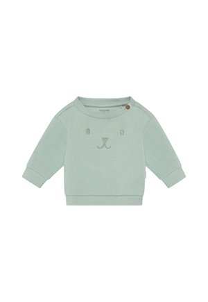 Lichtgroene babytrui met lange mouwen, geribde manchetten, kleine knoop bij de kraag en simpel geborduurd dierengezicht aan de voorkant.