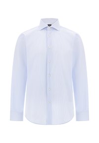 Lichtblauw, overhemd met lange mouwen en een subtiele gestreepte patroon, knoopsluiting aan de voorkant, puntkraag en ronde zoom. Glad stoftextuur.