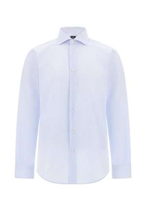 Vaaleansininen pitkähihainen paita, jossa on hienovarainen raidoituskuvio, nappikiinnitys, pistemallinen kaulus ja pyöristetty helma. Sujuva kangasrakennetta.