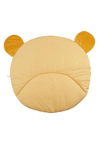 Yellow cushion with a round shape featuring textured bear ears. Soft fabric, stitched details, and a smooth surface. Suitable for seating or decor.