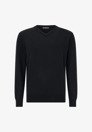 Černý svetr s výstřihem do V, vyrobený z měkké tkaniny, s dlouhými rukávy a žebrovanými manžetami a lemem pro přiléhavý vzhled. Jednoduchý design bez vzorů.