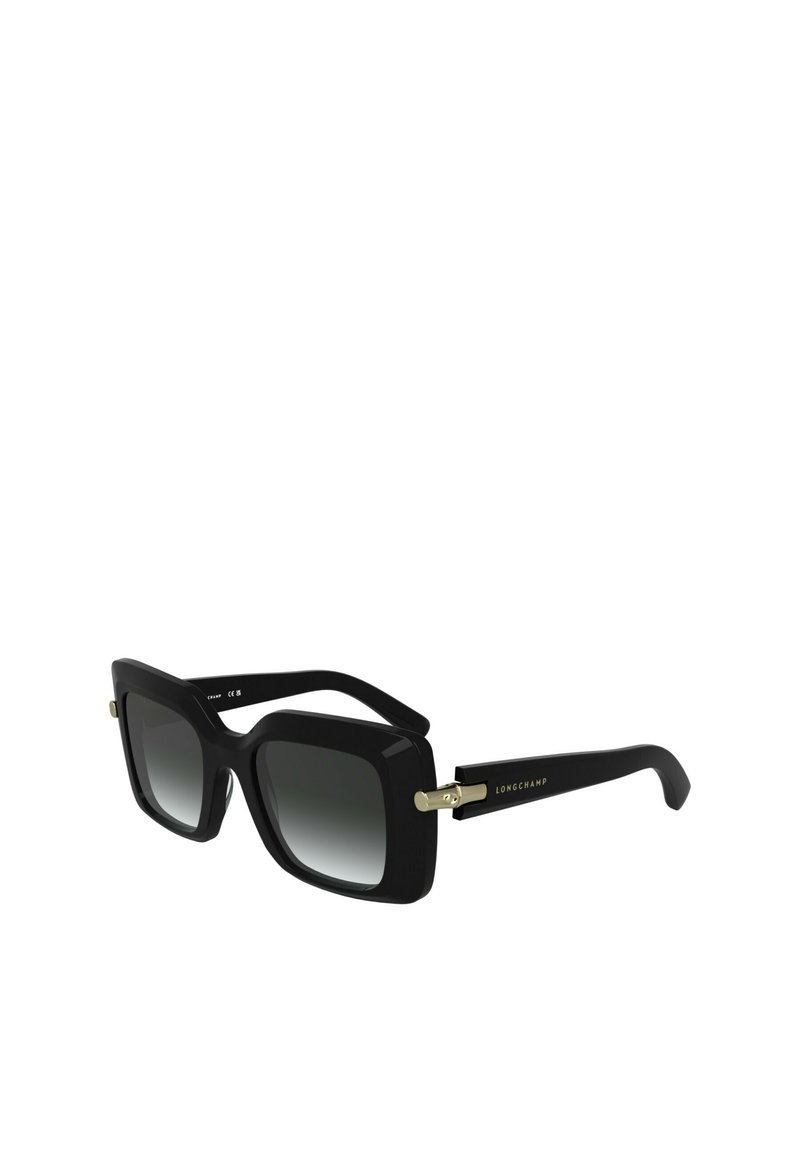 Zwarte oversized zonnebril met gradient lenzen. Het montuur heeft een matte afwerking en gouden hardware accenten. Logo weergegeven op de poot.