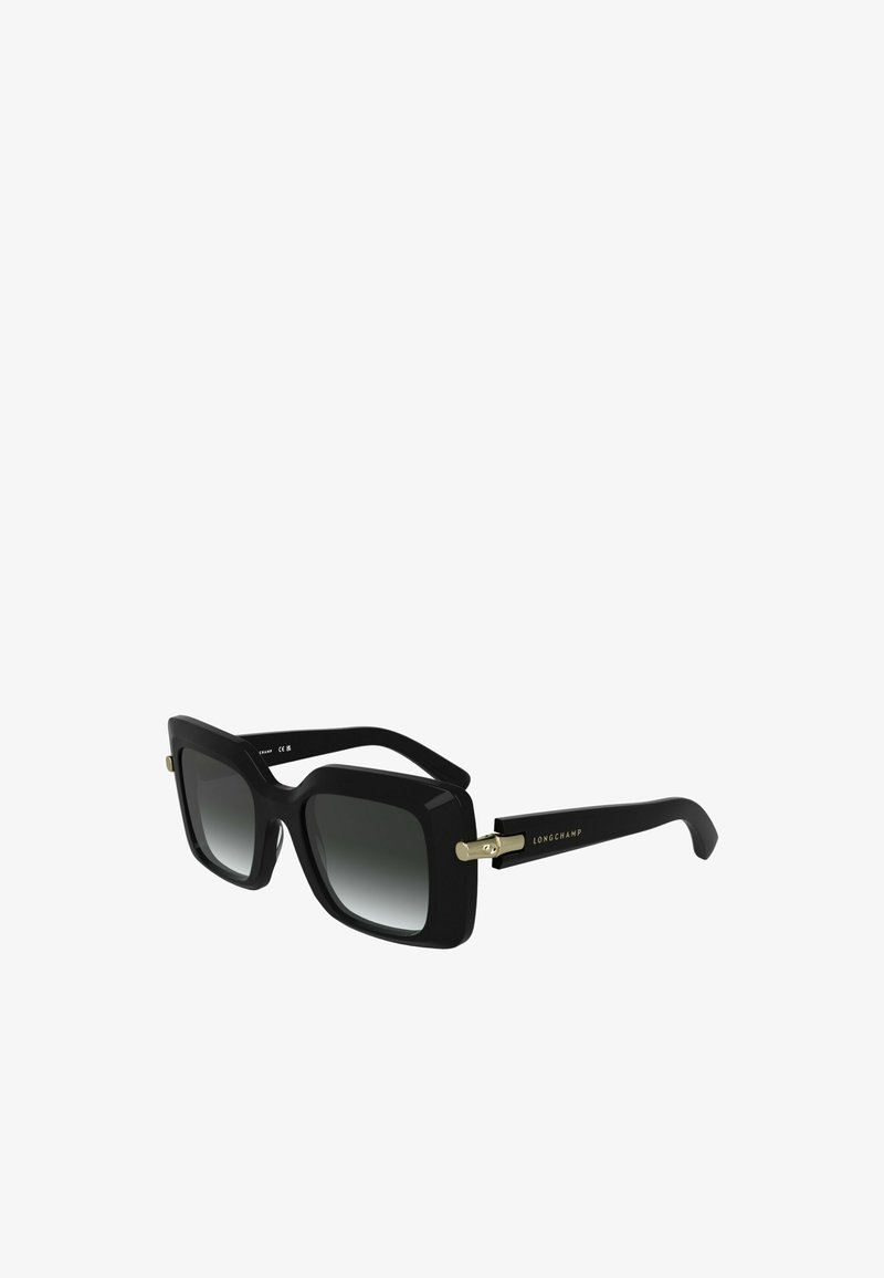 Zwarte oversized zonnebril met gradient lenzen. Het montuur heeft een matte afwerking en gouden hardware accenten. Logo weergegeven op de poot.