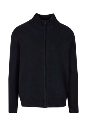 Sort zip-up sweater med høj ribbet krave, lange ærmer og ribbet kant. Fremstillet af et blødt, tekstureret stof. Enkel, minimalistisk design.