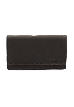 Portafoglio nero in pelle con pattina ripiegata e cuciture visibili lungo i bordi su sfondo bianco.