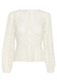 Hvid blondebluse med lange, puffede ærmer, rund halsudskæring, knaplukning og indviklede blomster mønstre i hele stoffet.