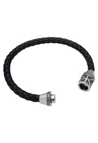 Svart flätad läderarmband med silverfärgade metallspännen med intrikata mönster och pärlprydnader vid vardera ända.