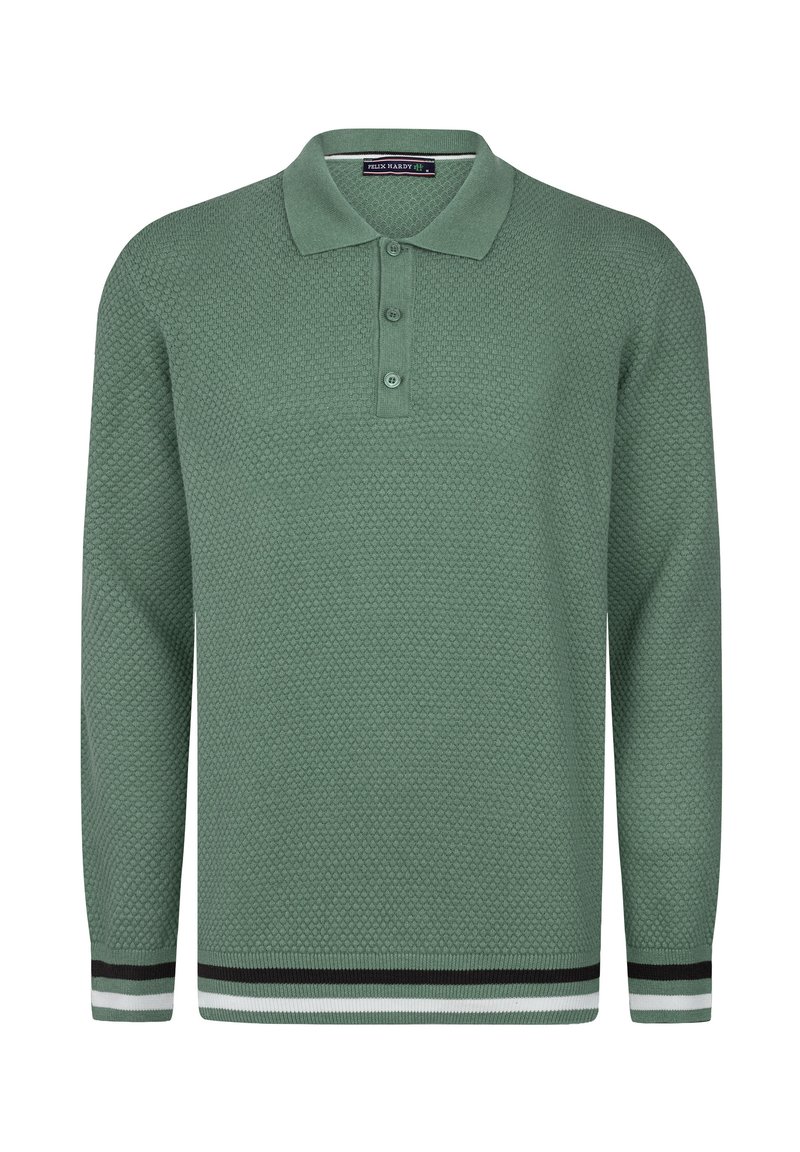 Gebreide poloshirt in gedempt groen, met een gestructureerd patroon, een knoopsluiting met drie knopen en een gestreepte onderrand met zwart-witte accenten.