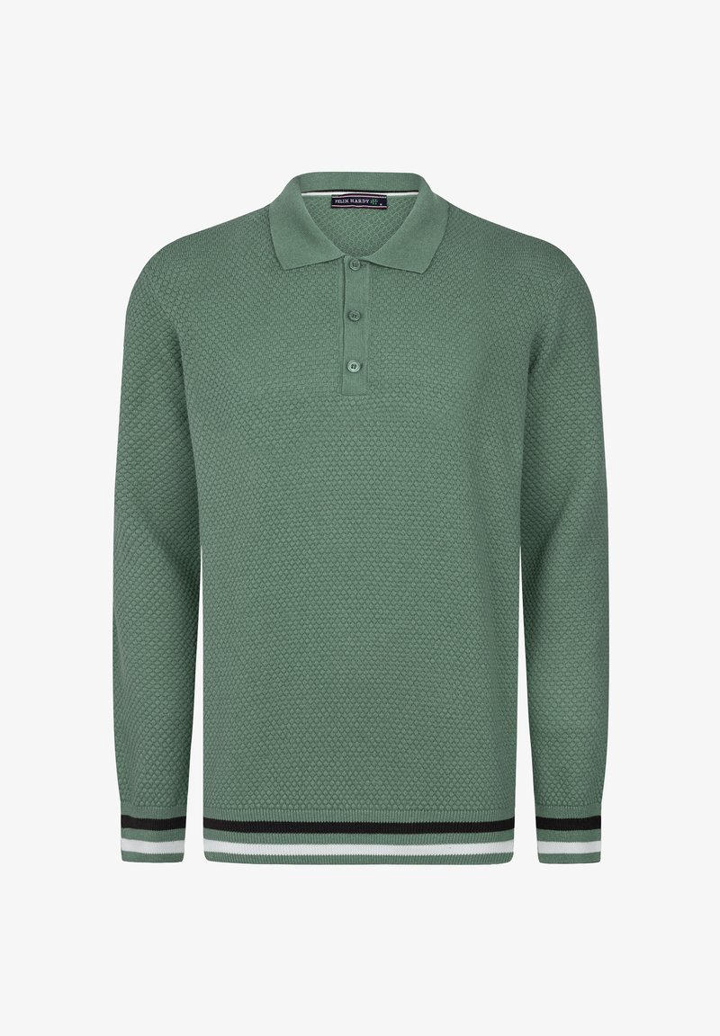 Sweter polo dzianinowy w stonowanej zieleni, z teksturowanym wzorem, pliską zapinaną na trzy guziki oraz paskowanym dołem w czarno-białe akcenty.