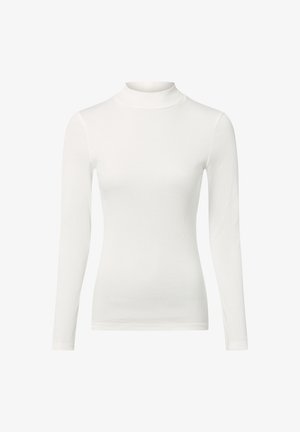 Long-sleeve white turtleneck top made of ribbed fabric, featuring a fitted design and soft texture, suitable for layering.