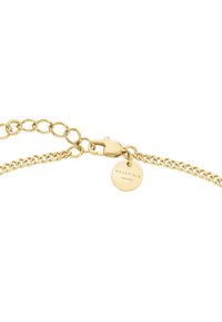 Bracciale in oro con chiusura a moschettone e una targhetta rotonda incisa con "Rosefield AMSTERDAM | NYC" su uno sfondo bianco.
