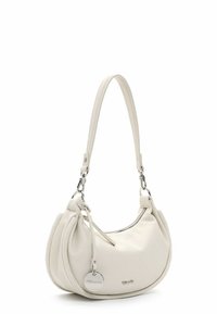 White leather handbag with a curved shape, a zip closure, and a short strap. Features a round metallic charm and textured surface.