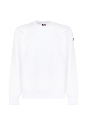 Witte trui met lange mouwen en een ronde hals, voorzien van geribbelde manchetten en zoom, met een klein rond logo-patch op de bovenkant van de linkermouw.