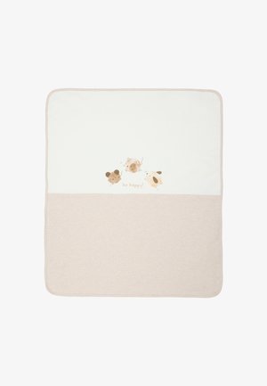 Baumwollbabydecke mit der unteren Hälfte in einem hellen Beige und der oberen Hälfte in Weiß, verziert mit Tierillustrationen und dem Schriftzug "sei glücklich!" in einer sanften Schriftart.
