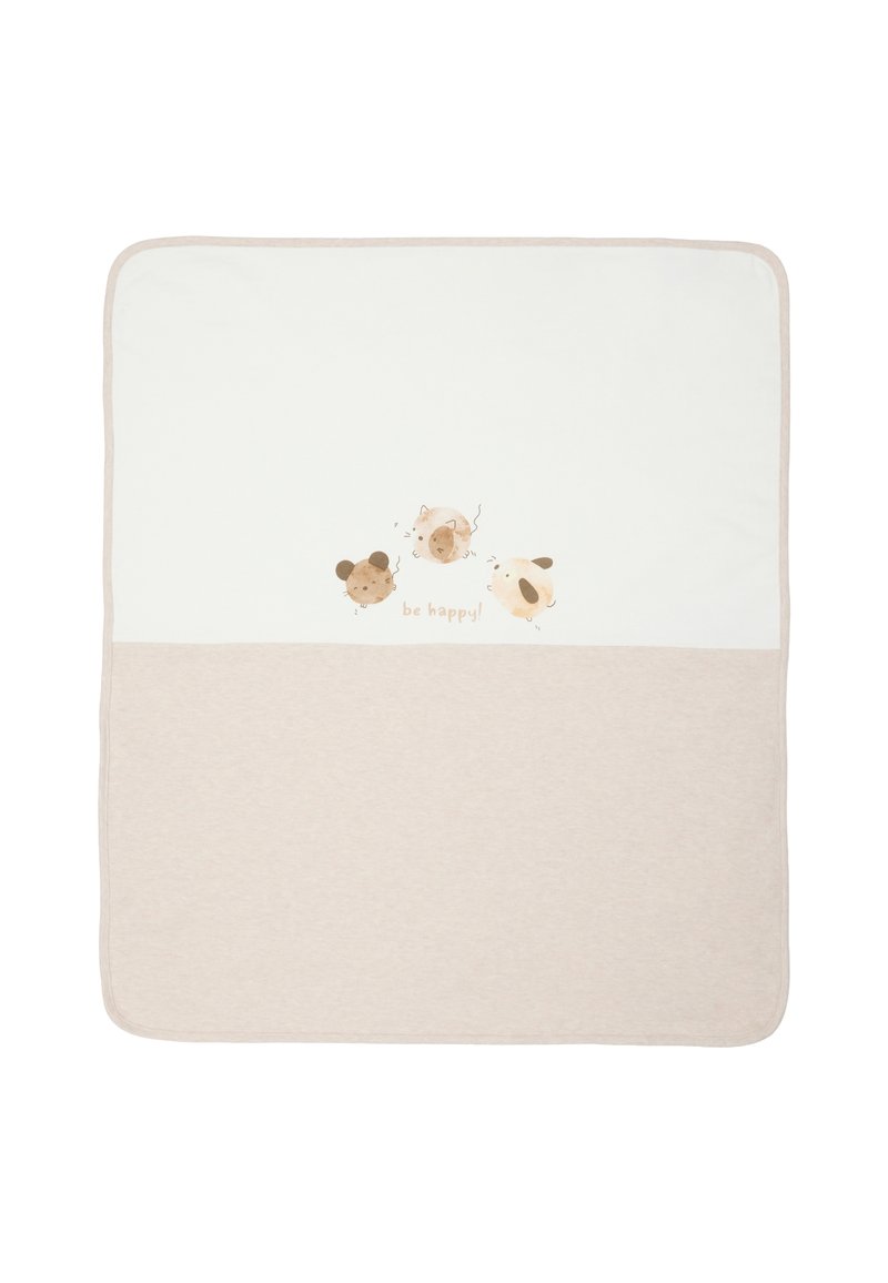 Manta de bebé de algodón con la mitad inferior de un beige claro y la parte superior blanca, que presenta ilustraciones de animales y el texto "¡sé feliz!" en una fuente suave.