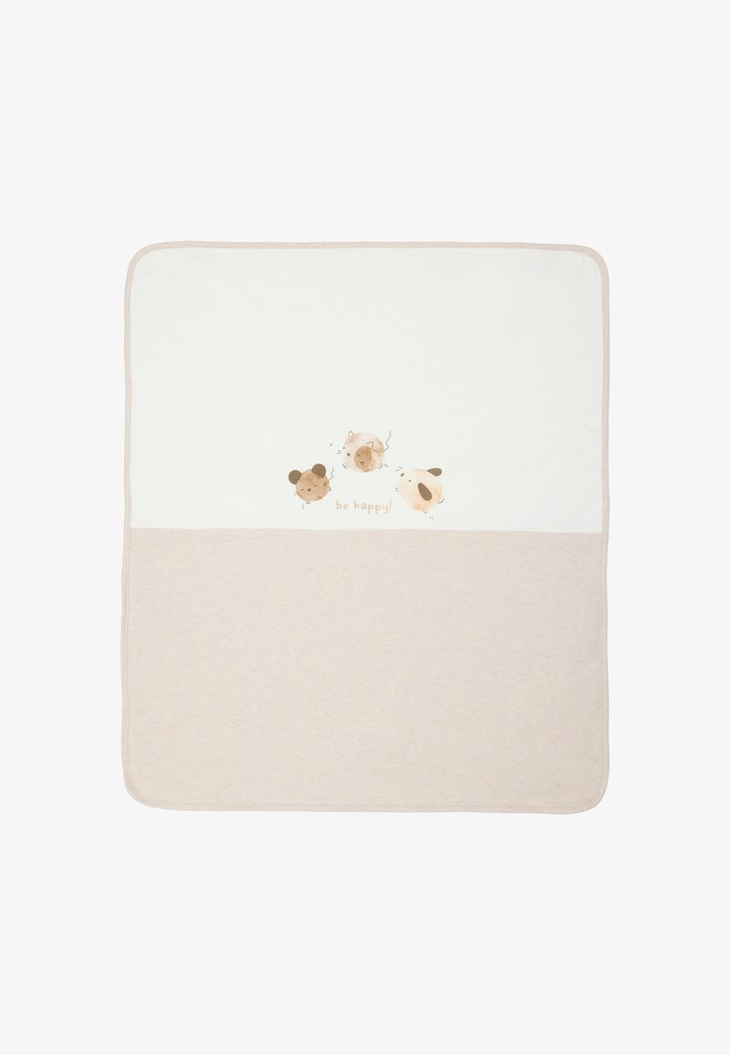 Manta de bebé de algodón con la mitad inferior de un beige claro y la parte superior blanca, que presenta ilustraciones de animales y el texto "¡sé feliz!" en una fuente suave.