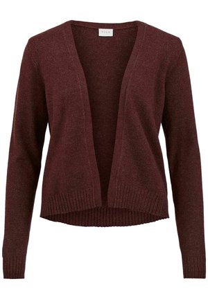 Openvallende, donker bordeauxrode, fijngebreide cardigan met lange mouwen, geribbelde manchetten en zoom, met een label "VILA" bij de halslijn.