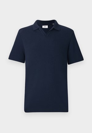 Polo shirt a maniche corte blu navy con colletto piatto, realizzato in morbido cotone; presenta un design a scollo a V e una vestibilità comoda.