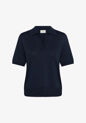 Tumesinine lühikeste varrukatega polo särk, millel on V-kaelus ja soonikuga krae, valmistatud kergest kangast, millel on sile tekstuur ja vabam istuvus.