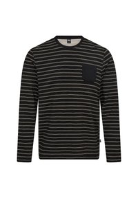 Langærmet skjorte i sort med hvide vandrette striber, med en ensfarvet sort brystlomme og rund halsudskæring. Fremstillet af blødt stof.