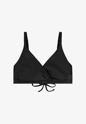 Juodas trikampis braletė su reguliuojamomis petnešėlėmis, raukšlėtų audinių detalėmis ir užsegimu su mazgu prie apačios. Yra mažas logotipo akcentas.