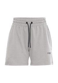 Lysegrå shorts laget av mykt stoff, med elastisk midjebånd med svarte snorer og en liten logo på venstre lår.