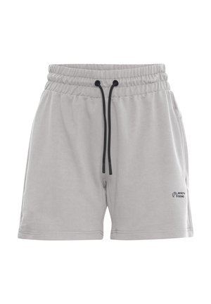 Lichtgrijze korte broek gemaakt van zachte stof, met een elastische tailleband met zwarte trekkoorden en een klein logo op de linker dij.