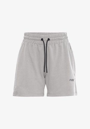 Lichtgrijze korte broek gemaakt van zachte stof, met een elastische tailleband met zwarte trekkoorden en een klein logo op de linker dij.