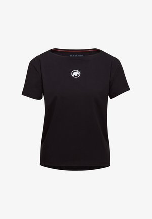 Zwarte T-shirt met korte mouwen van katoen. Heeft een ronde halslijn en een klein wit logo van een mammoet op de borst.