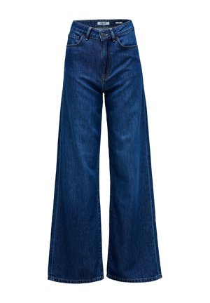 Wide-leg jeans made of dark blue denim, featuring a high waist, front button closure, and classic five-pocket design with tonal stitching.
