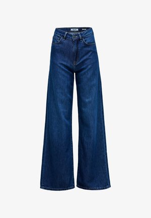 Wide-leg jeans made of dark blue denim, featuring a high waist, front button closure, and classic five-pocket design with tonal stitching.