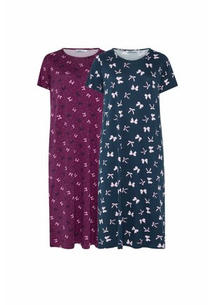 Deux robes courtes à manches courtes et longueur au genou, une violet foncé et une bleu marine, toutes deux avec un motif de nœuds rose clair sur l’ensemble.