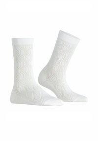 Weiße Baumwollsocken mit einem strukturierten Rautenmuster, gerippten Bündchen und einer glatten Oberfläche. Das Design ist einheitlich und konsistent.