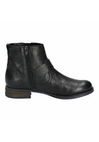 Bottines en cuir noir avec une fermeture éclair sur le côté, bout rond, détail de sangle courbée et un talon empilé. Texture lisse avec un léger éclat.