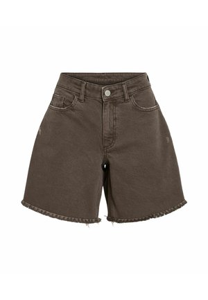 Brune denimbukser med frynset kant, lukning med knapper foran, bæltestropper og forlommer, vist mod en hvid baggrund.